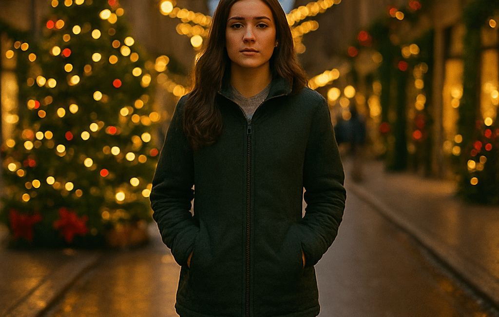 "Mujer joven de pie en una calle decorada con luces de Navidad, reflexionando mientras todo a su alrededor sigue en movimiento."