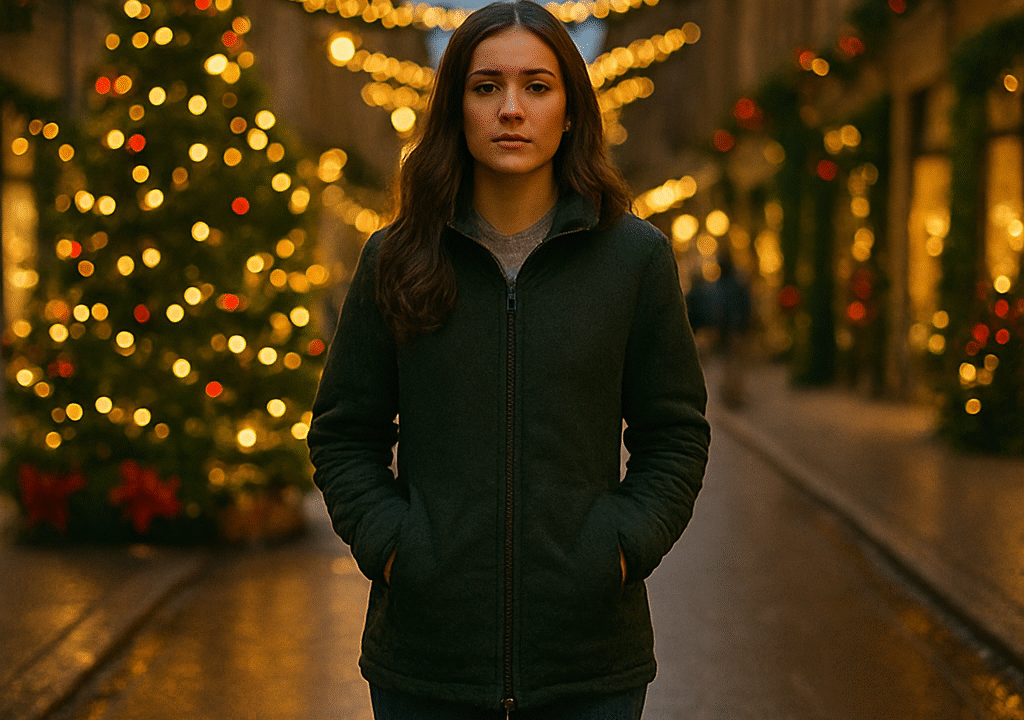 "Mujer joven de pie en una calle decorada con luces de Navidad, reflexionando mientras todo a su alrededor sigue en movimiento."