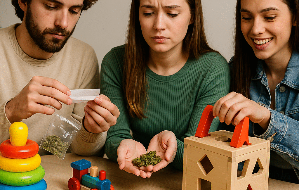 Tres jóvenes manipulando marihuana y papel de liar sobre una mesa con juguetes infantiles, mostrando la falsa apariencia inofensiva del cannabis.