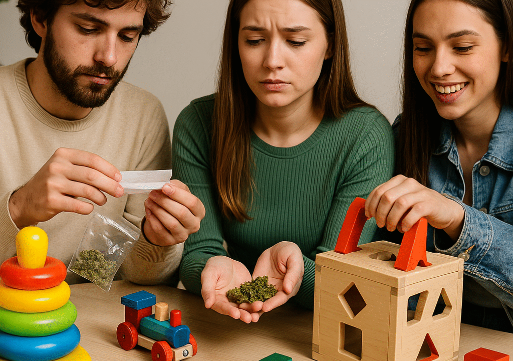 Tres jóvenes manipulando marihuana y papel de liar sobre una mesa con juguetes infantiles, mostrando la falsa apariencia inofensiva del cannabis.