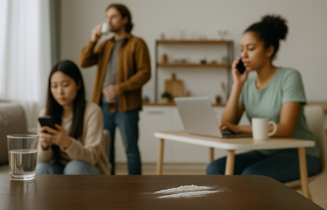 Mesa con líneas de polvo blanco en primer plano mientras tres personas continúan sus actividades diarias sin prestar atención, simbolizando la normalización del consumo de drogas.