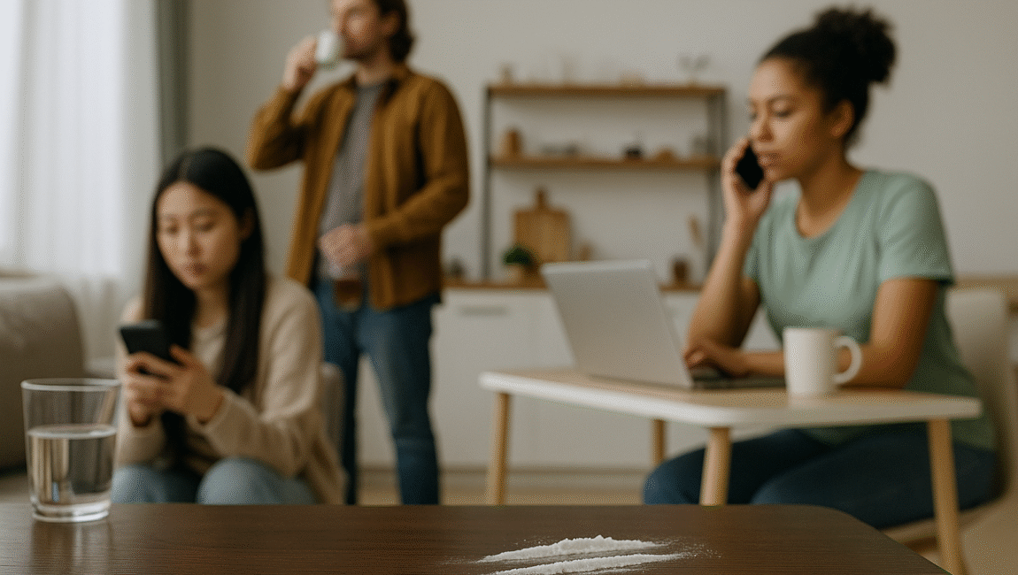 Mesa con líneas de polvo blanco en primer plano mientras tres personas continúan sus actividades diarias sin prestar atención, simbolizando la normalización del consumo de drogas.