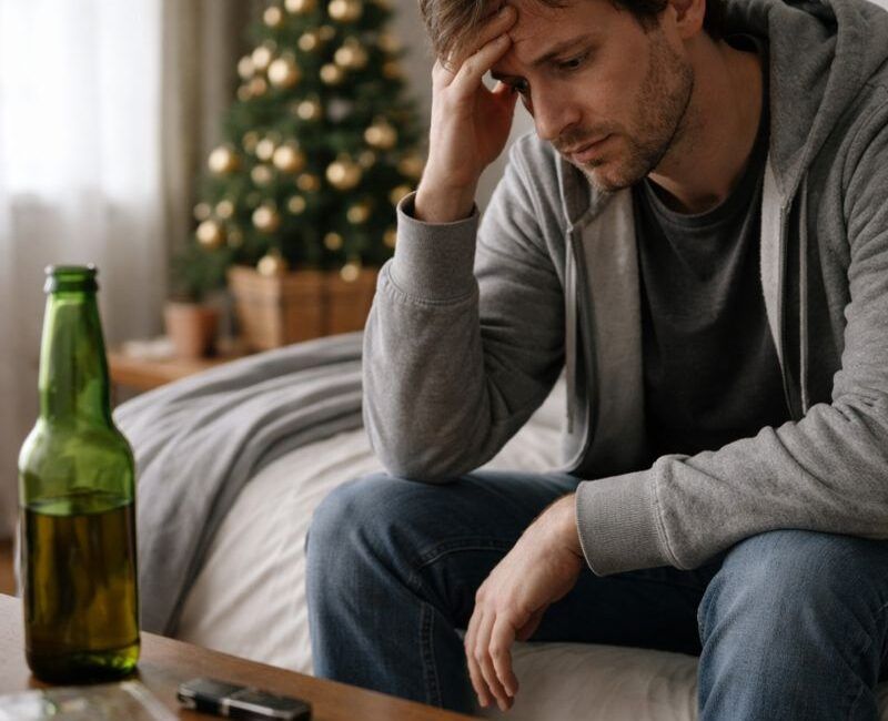 Persona reflexiva en un entorno cotidiano tras las fiestas navideñas, representando el impacto emocional del fin de las vacaciones en la adicción.