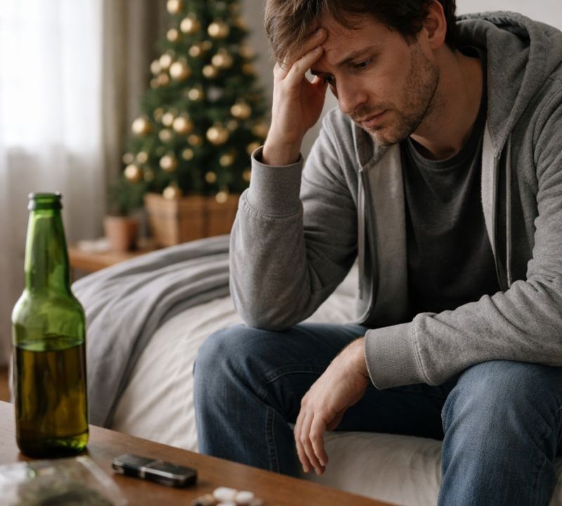 Persona reflexiva en un entorno cotidiano tras las fiestas navideñas, representando el impacto emocional del fin de las vacaciones en la adicción.